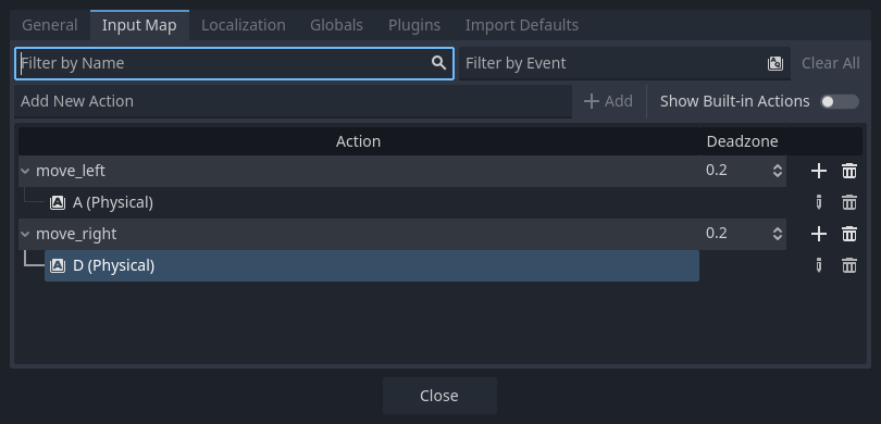Input map settings adding 'move_left' and 'move_right' actions